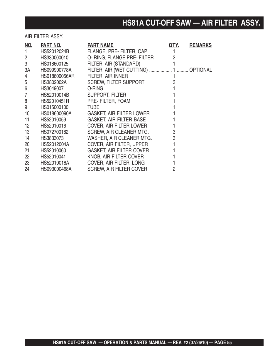 Hs81a cut-off saw — air filter assy | Multiquip HS81A User Manual | Page 55 / 70