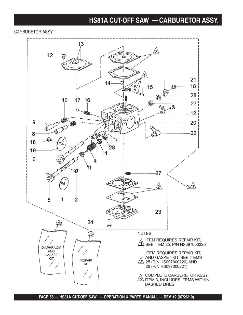 Hs81a cut-off saw — carburetor assy | Multiquip HS81A User Manual | Page 58 / 70