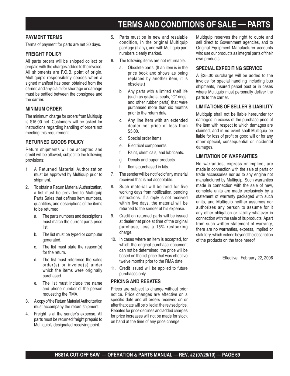 Terms and conditions of sale, Parts | Multiquip HS81A User Manual | Page 69 / 70