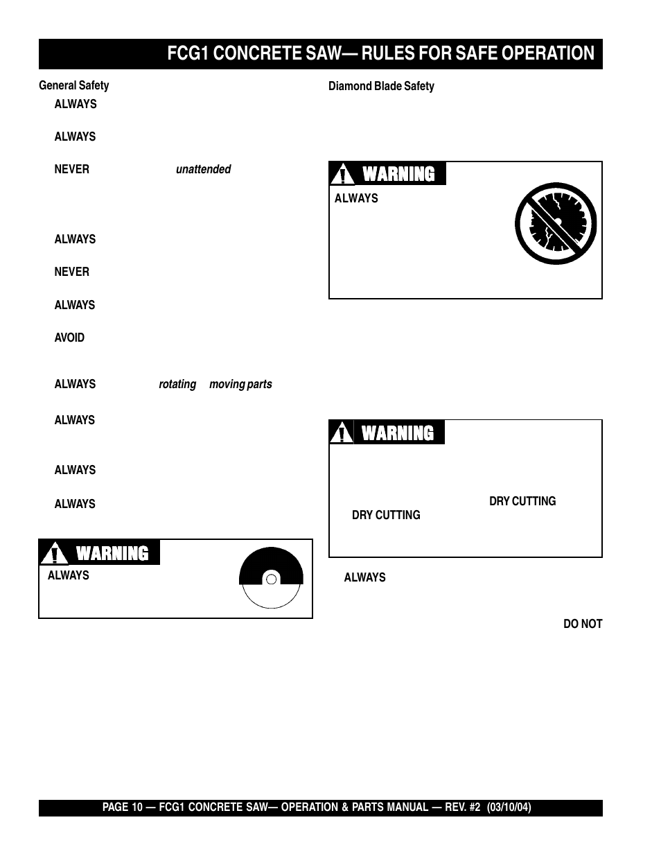 Fcg1 concrete saw— rules for safe operation, Warning | Multiquip FCG1-SERIES User Manual | Page 10 / 84