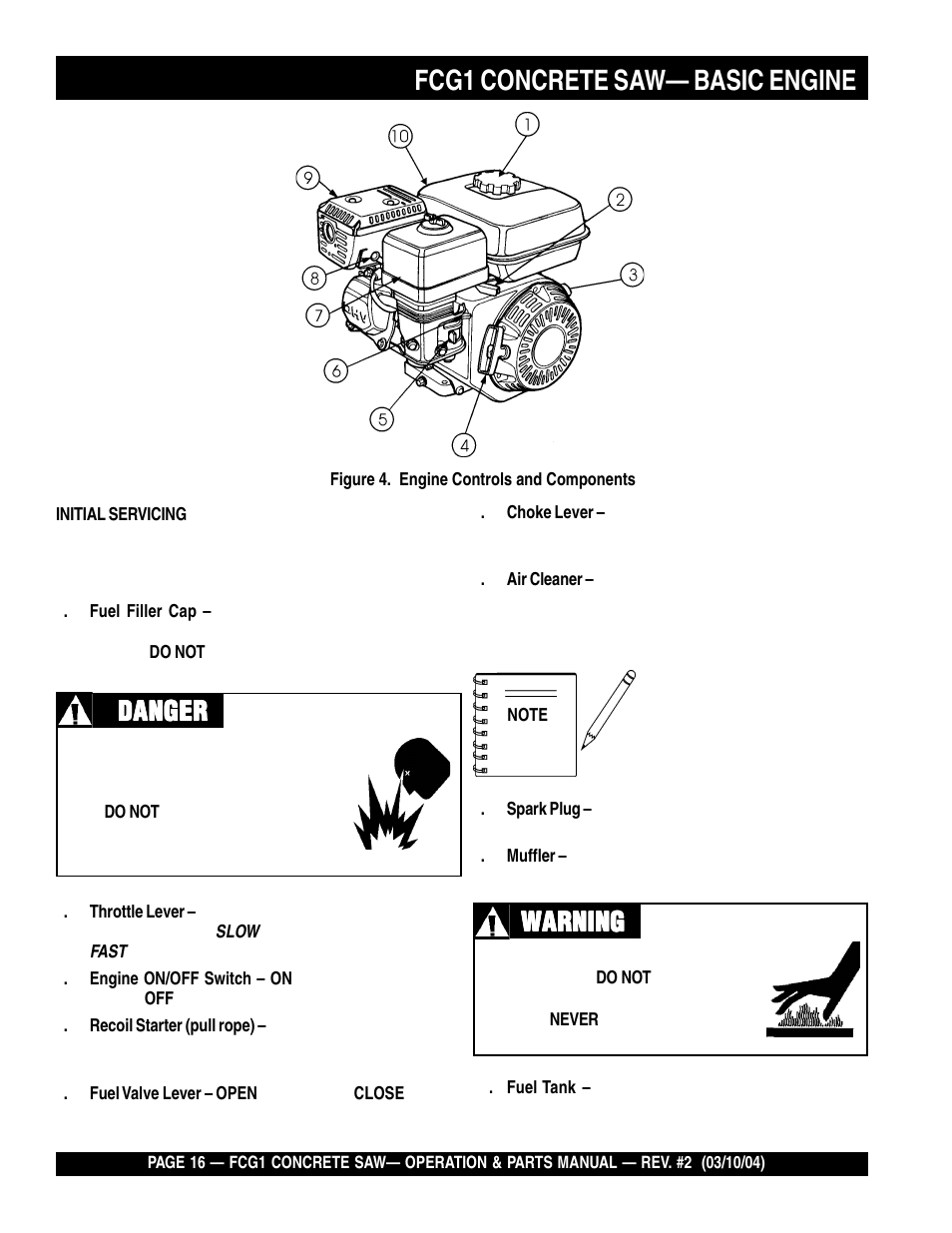 Fcg1 concrete saw— basic engine, Danger, Danger warning warning warning warning warning | Multiquip FCG1-SERIES User Manual | Page 16 / 84