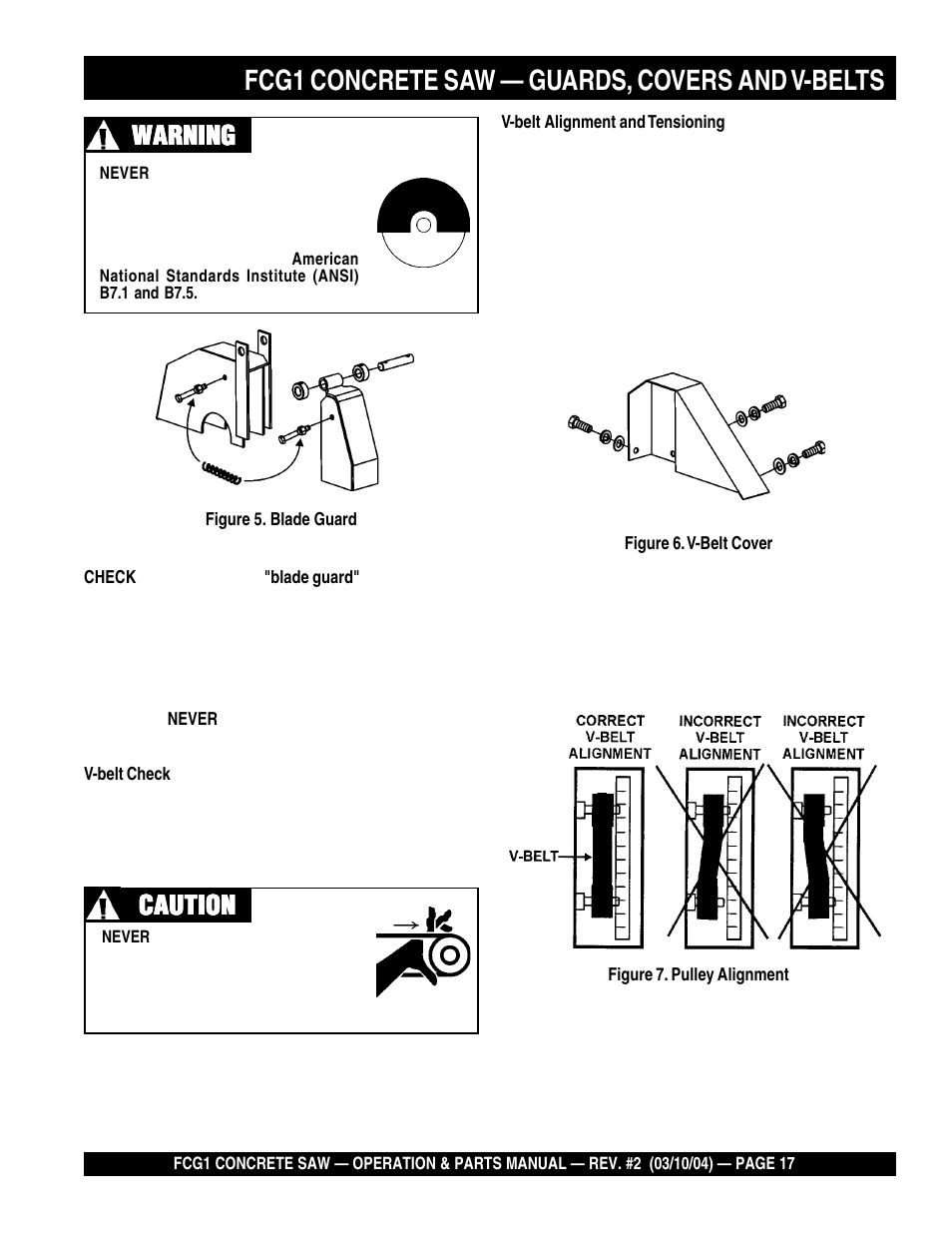 Fcg1 concrete saw — guards, covers and v-belts, Caution, Caution warning warning warning warning warning | Multiquip FCG1-SERIES User Manual | Page 17 / 84