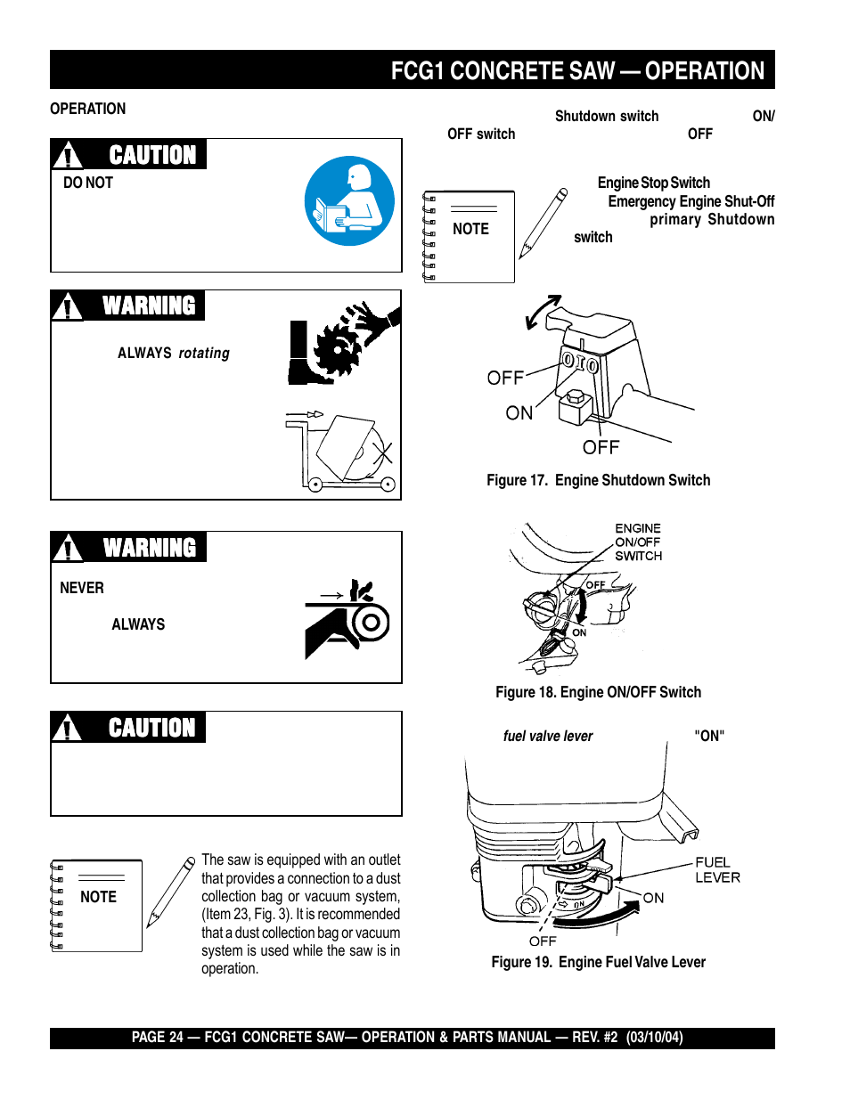 Fcg1 concrete saw — operation, Warning | Multiquip FCG1-SERIES User Manual | Page 24 / 84
