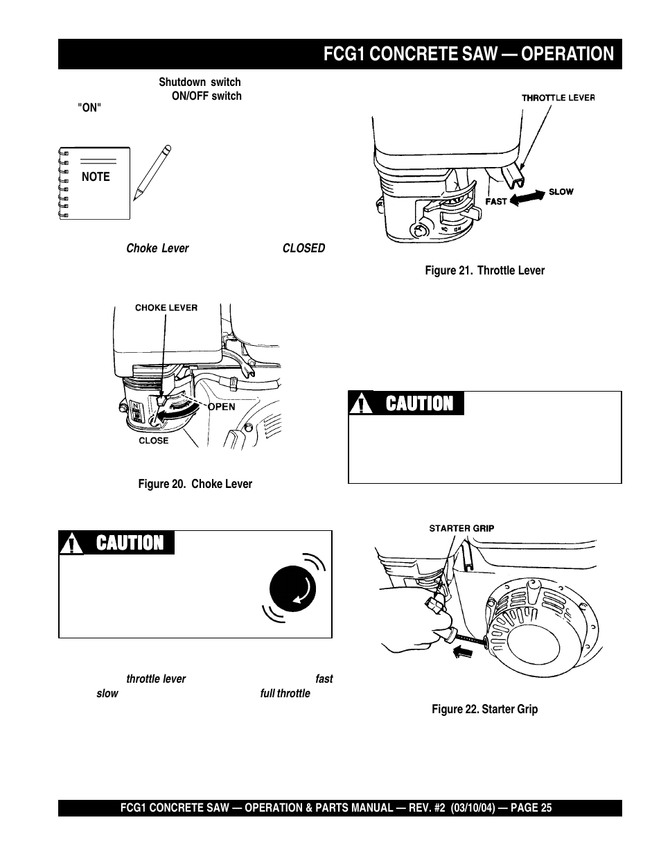 Fcg1 concrete saw — operation, Caution | Multiquip FCG1-SERIES User Manual | Page 25 / 84