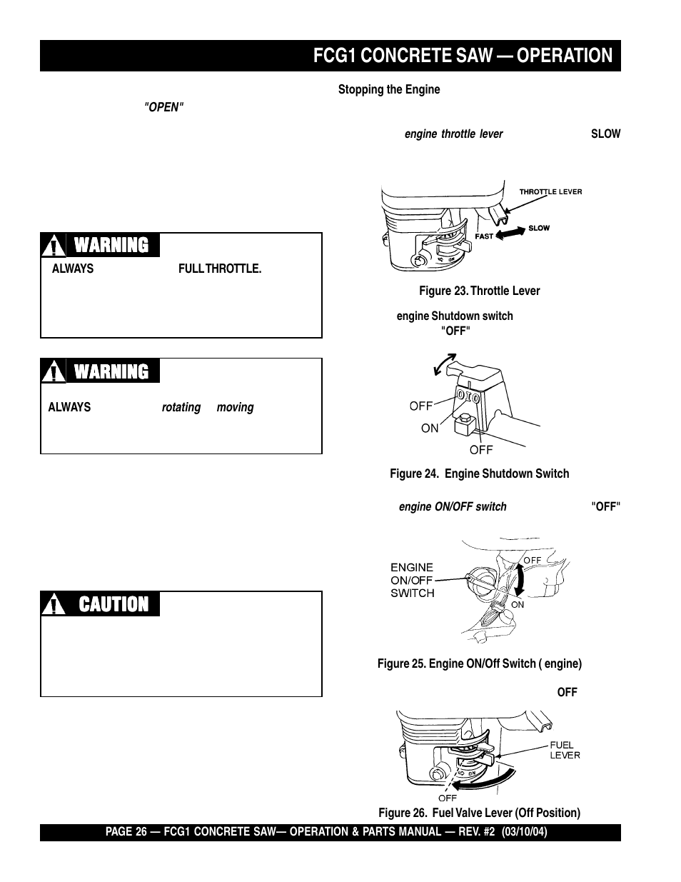 Fcg1 concrete saw — operation, Warning, Warning caution caution caution caution caution | Multiquip FCG1-SERIES User Manual | Page 26 / 84
