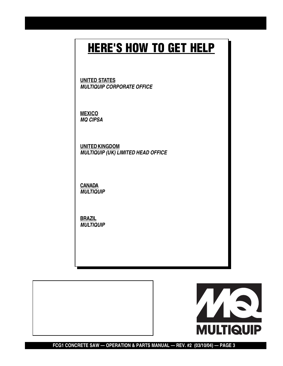 Here's how to get help | Multiquip FCG1-SERIES User Manual | Page 3 / 84