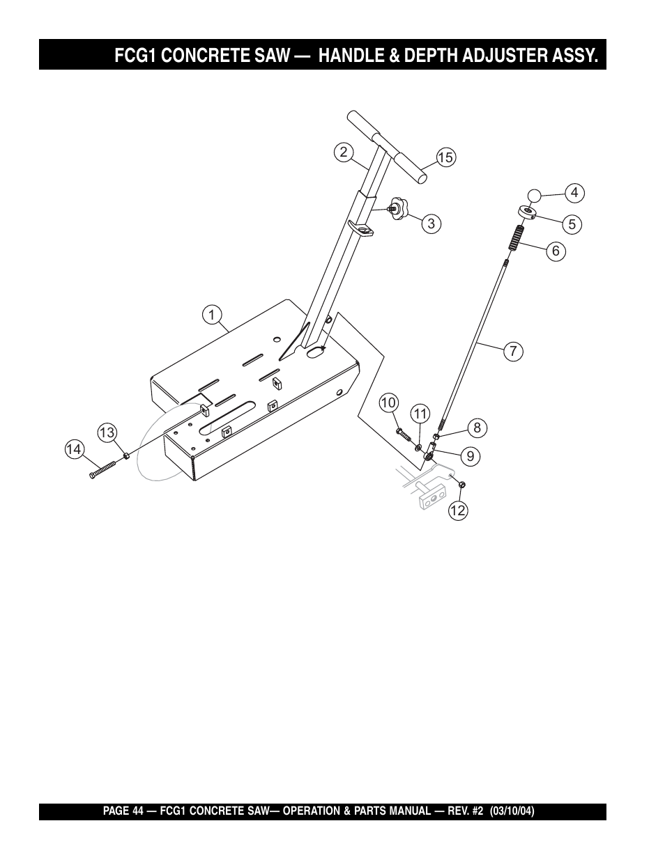 Fcg1 concrete saw, Handle & depth adjuster assy | Multiquip FCG1-SERIES User Manual | Page 44 / 84