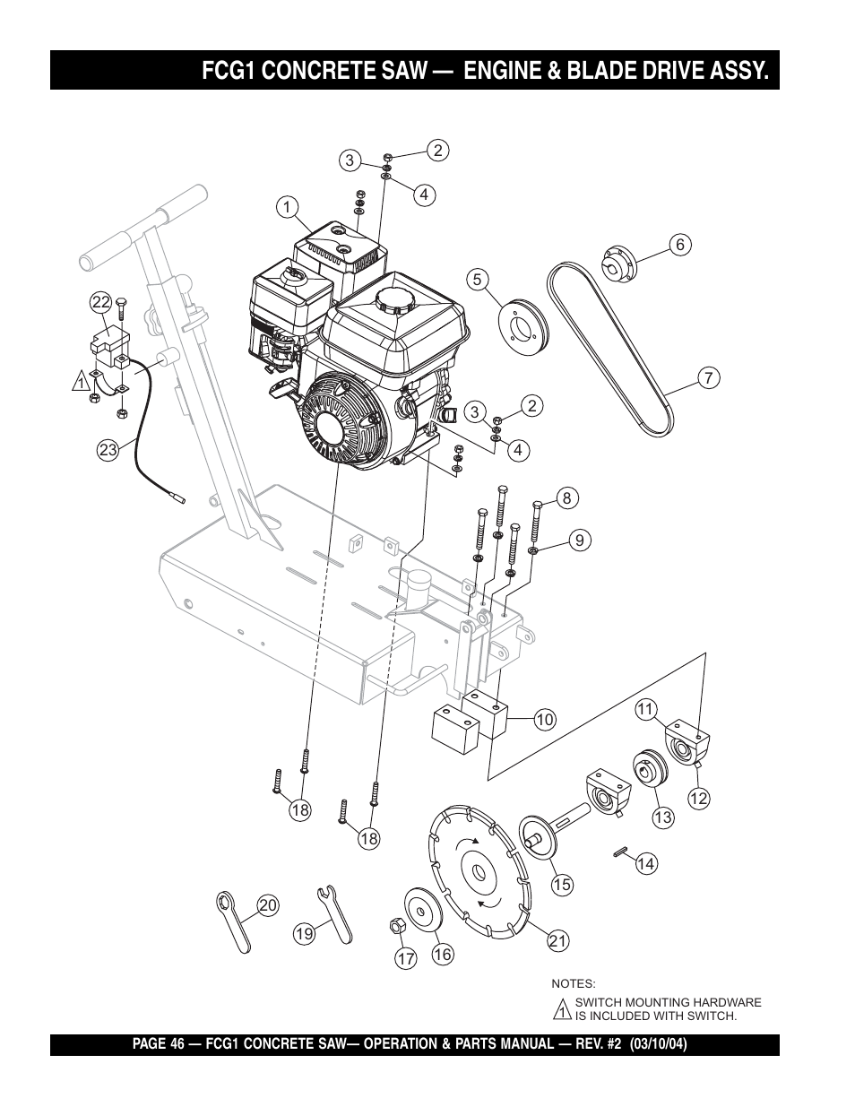 Fcg1 concrete saw, Engine & blade drive assy | Multiquip FCG1-SERIES User Manual | Page 46 / 84