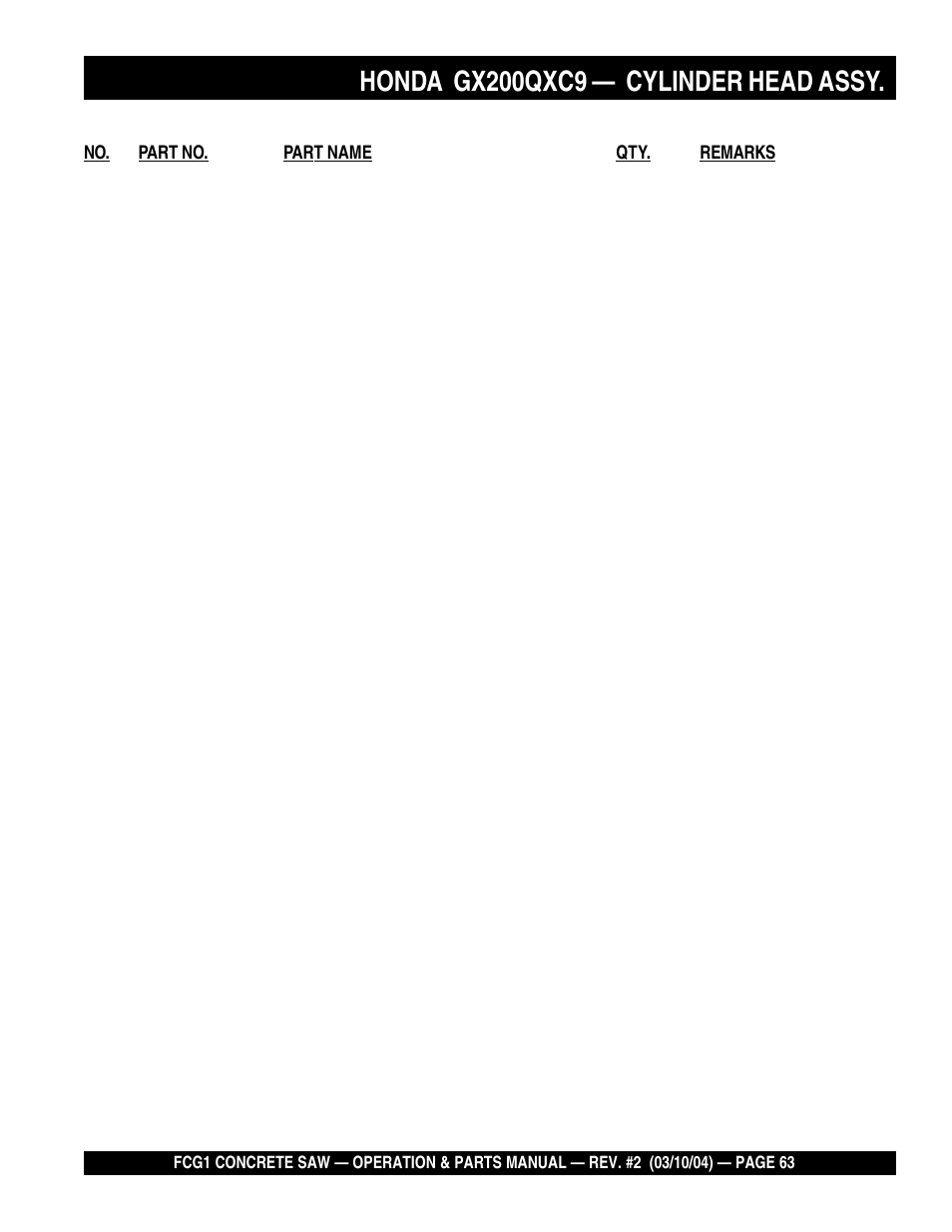 Honda gx200qxc9, Cylinder head assy | Multiquip FCG1-SERIES User Manual | Page 63 / 84