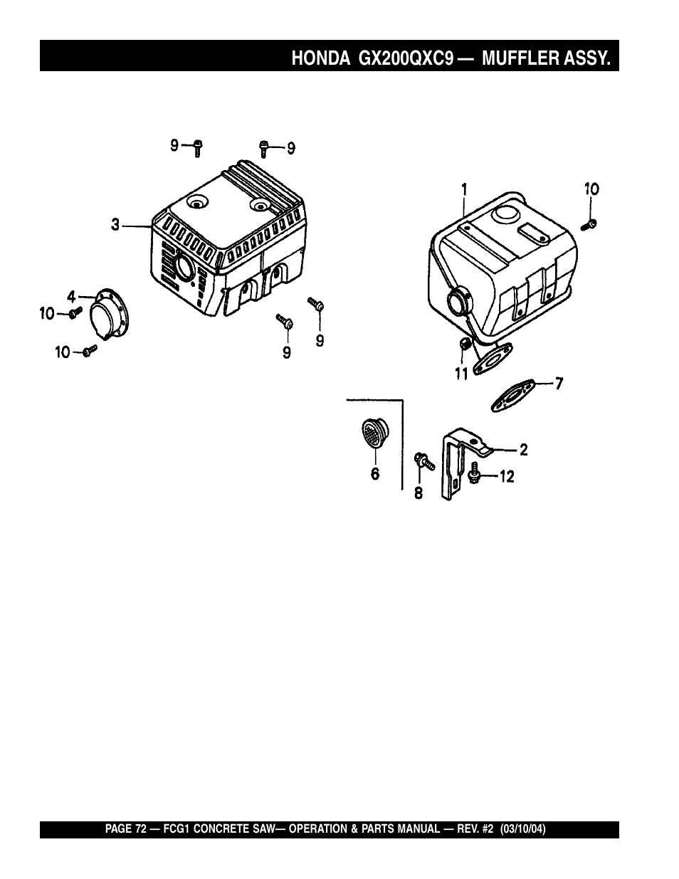 Honda gx200qxc9, Muffler assy | Multiquip FCG1-SERIES User Manual | Page 72 / 84