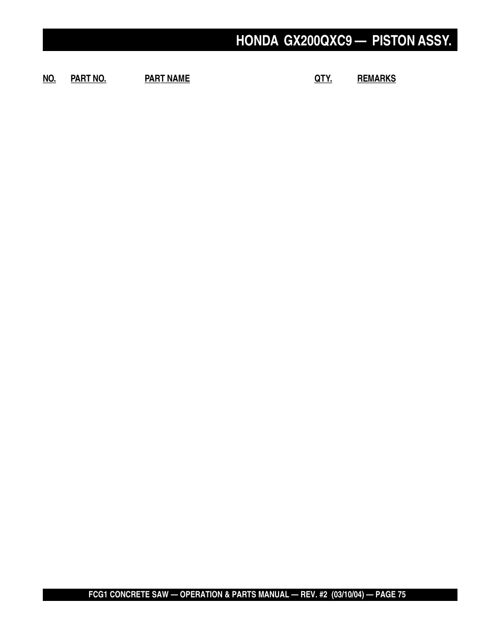 Honda gx200qxc9, Piston assy | Multiquip FCG1-SERIES User Manual | Page 75 / 84