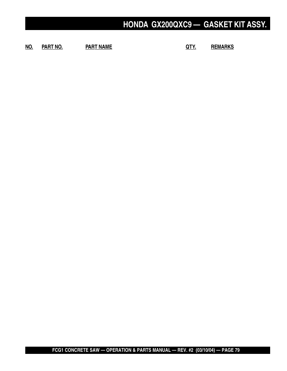 Honda gx200qxc9, Gasket kit assy | Multiquip FCG1-SERIES User Manual | Page 79 / 84
