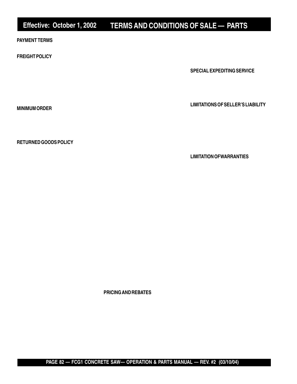 Terms and conditions of sale — parts | Multiquip FCG1-SERIES User Manual | Page 82 / 84