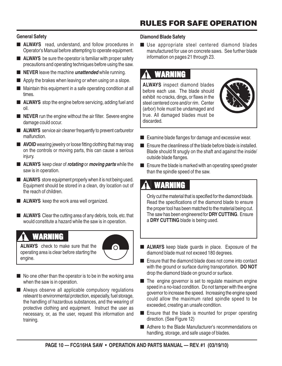 Warning, Rules for safe operation | Multiquip FCG16HA User Manual | Page 10 / 84