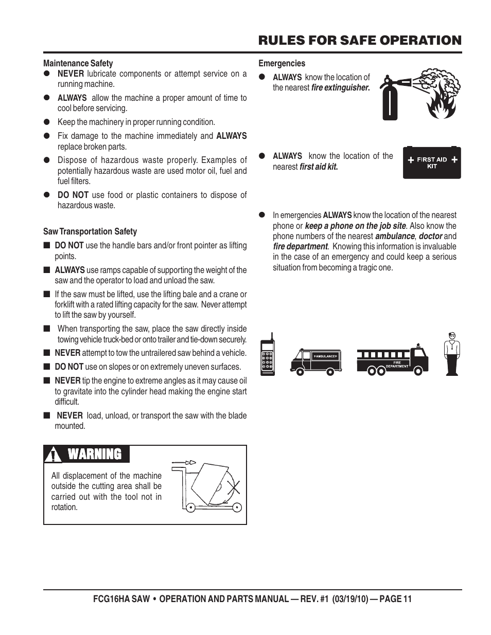 Warning, Rules for safe operation | Multiquip FCG16HA User Manual | Page 11 / 84