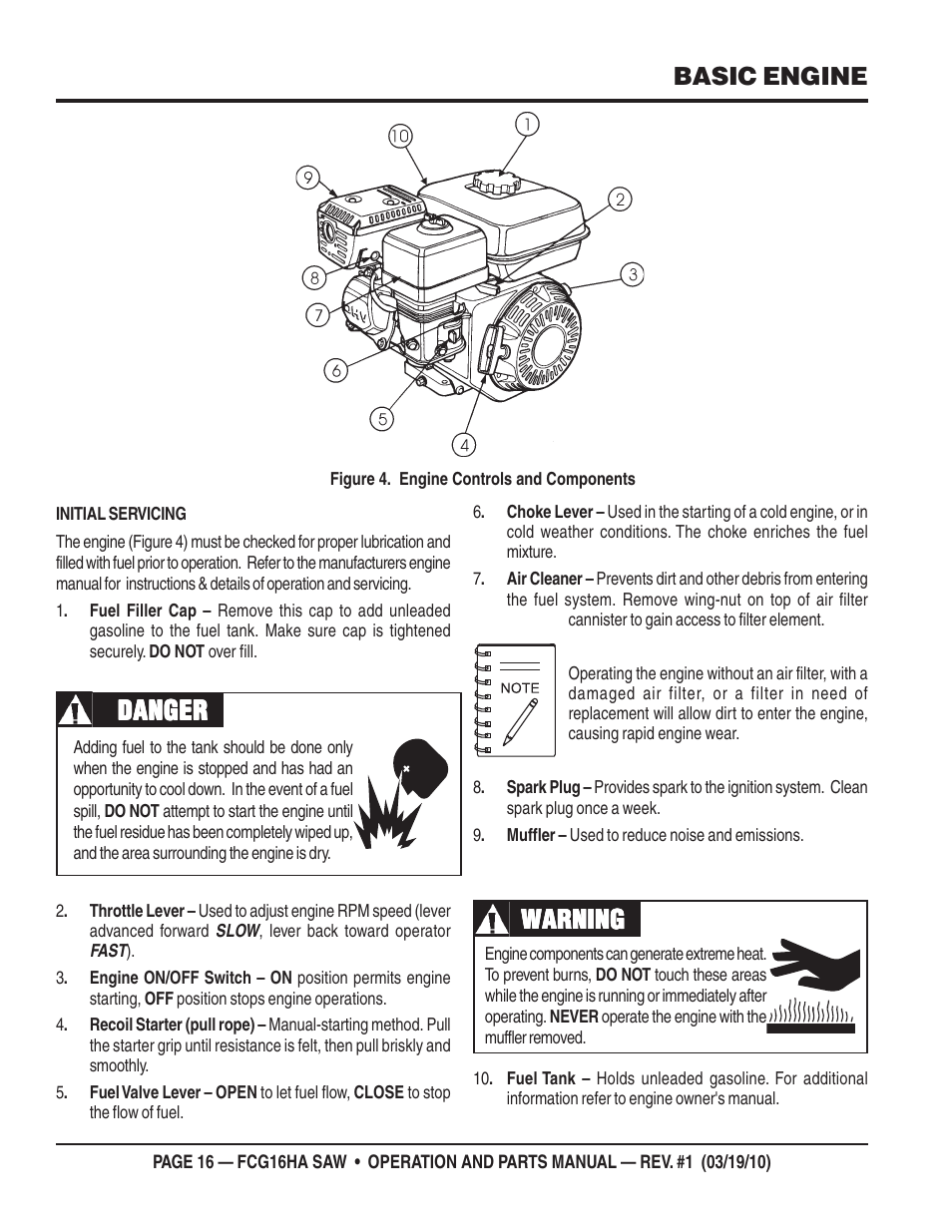 Danger, Danger warning warning warning warning warning, Basic engine | Multiquip FCG16HA User Manual | Page 16 / 84