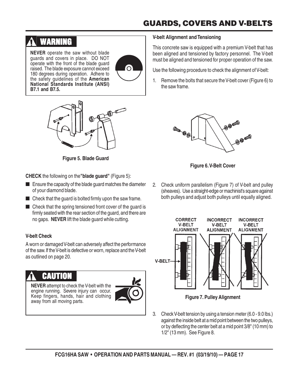 Caution, Caution warning warning warning warning warning, Guards, covers and v-belts | Multiquip FCG16HA User Manual | Page 17 / 84