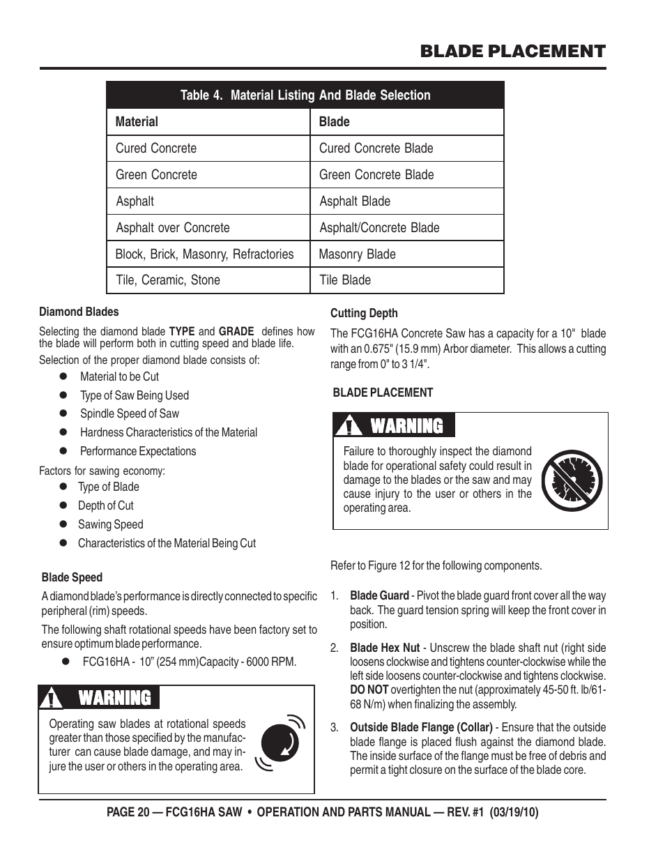 Warning, Blade placement | Multiquip FCG16HA User Manual | Page 20 / 84