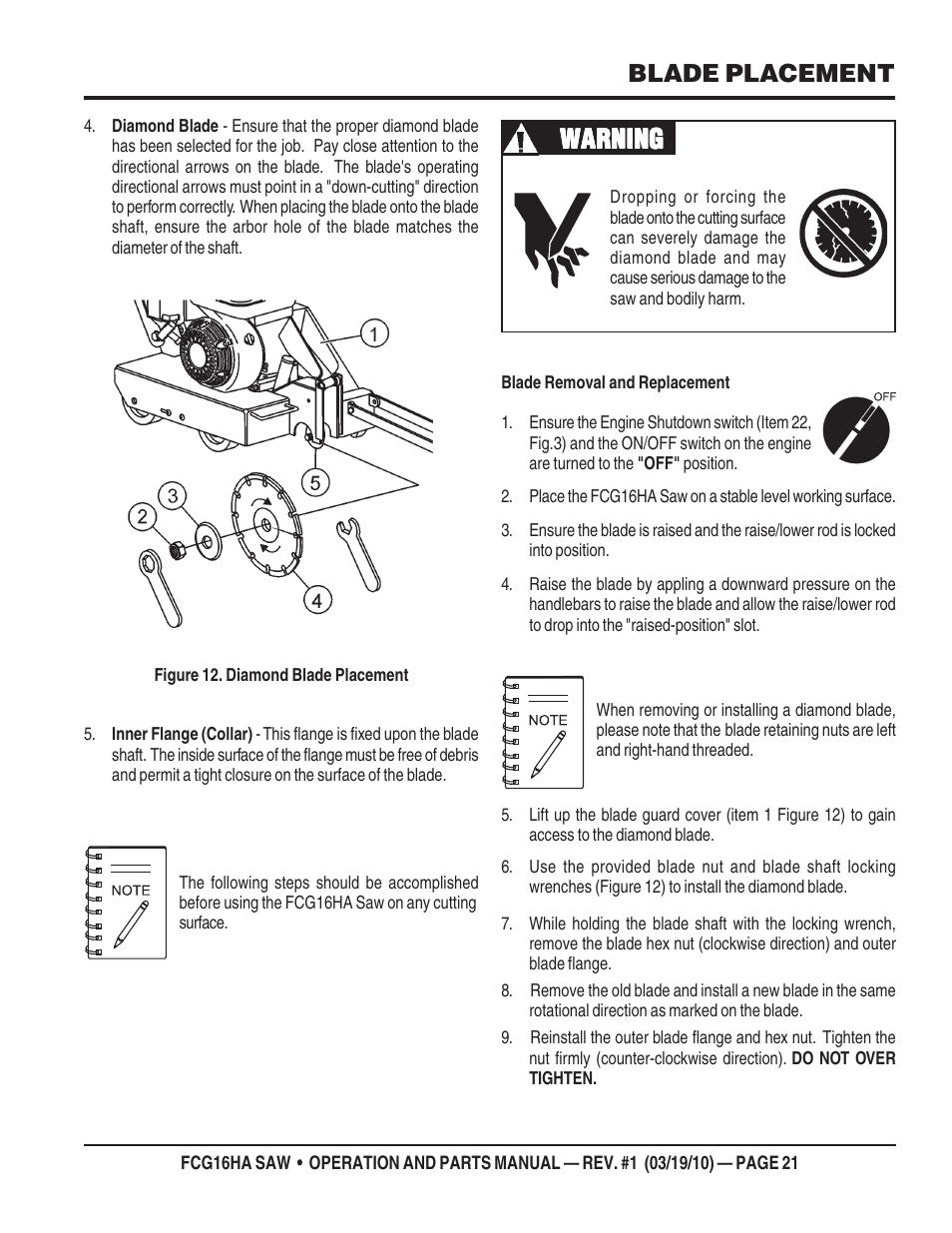 Warning, Blade placement | Multiquip FCG16HA User Manual | Page 21 / 84