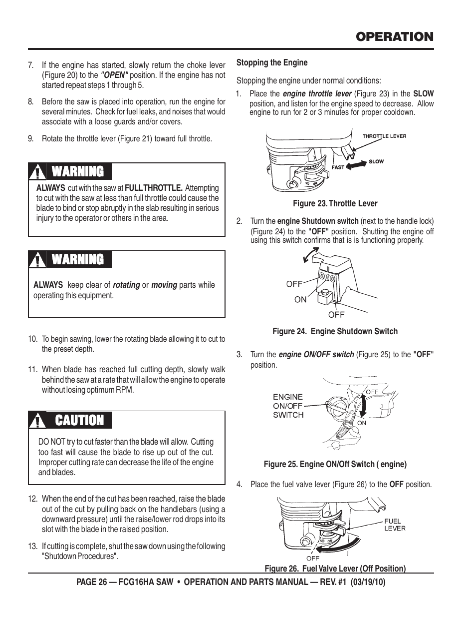 Warning, Warning caution caution caution caution caution, Operation | Multiquip FCG16HA User Manual | Page 26 / 84