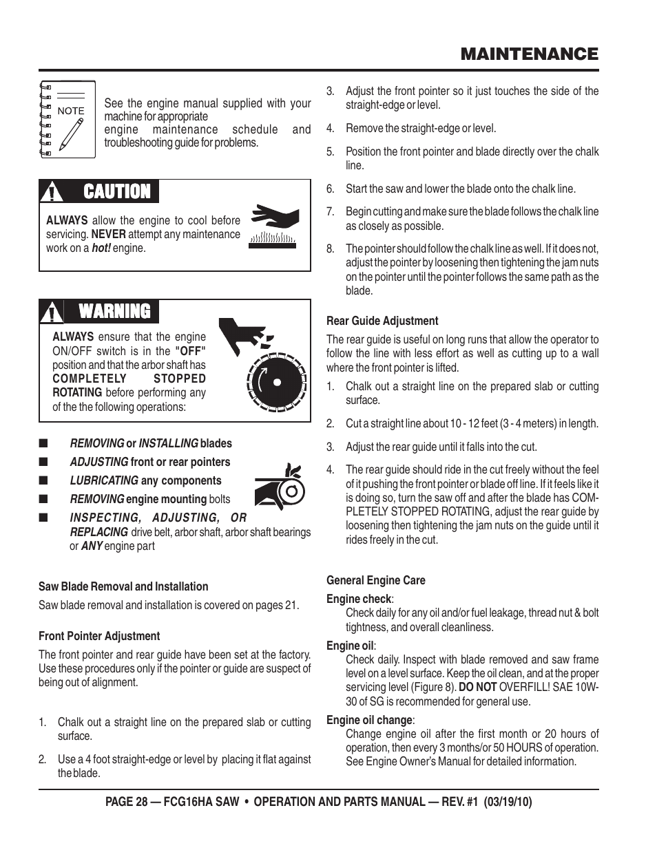 Caution, Caution warning warning warning warning warning, Maintenance | Multiquip FCG16HA User Manual | Page 28 / 84