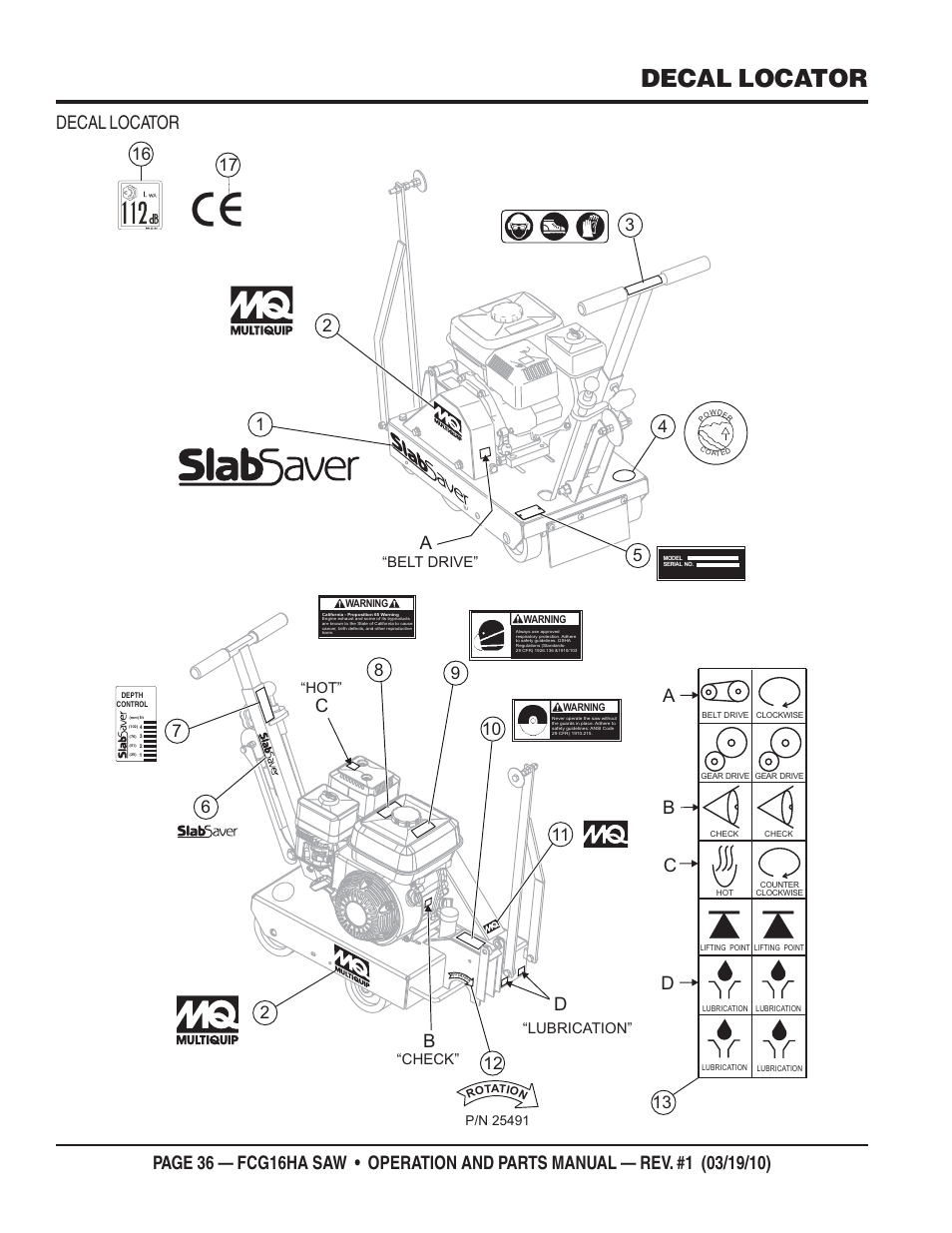 Decal locator, Lubrication” “hot” “belt drive” “check | Multiquip FCG16HA User Manual | Page 36 / 84
