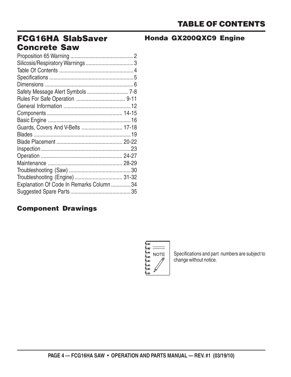 Fcg16ha slabsaver concrete saw | Multiquip FCG16HA User Manual | Page 4 / 84