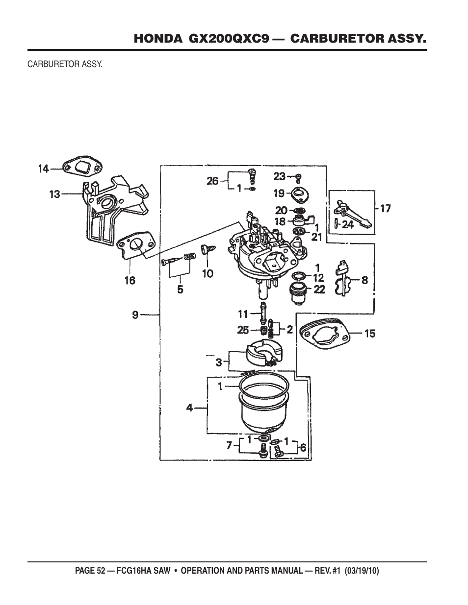 Honda gx200qxc9 — carburetor assy | Multiquip FCG16HA User Manual | Page 52 / 84