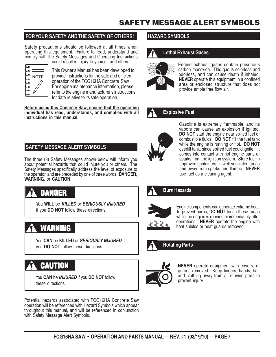 Cauti, Safety message alert symbols | Multiquip FCG16HA User Manual | Page 7 / 84