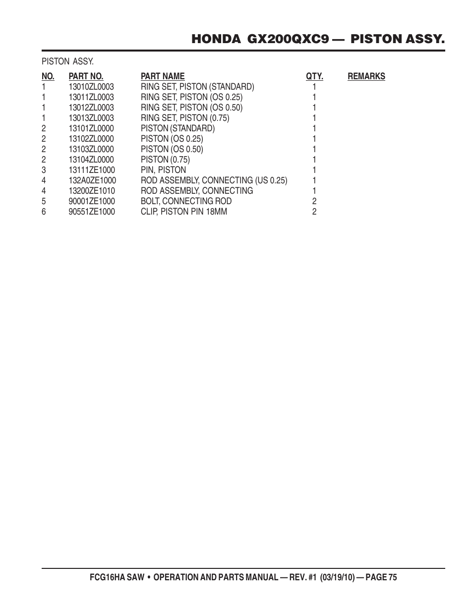Honda gx200qxc9 — piston assy | Multiquip FCG16HA User Manual | Page 75 / 84