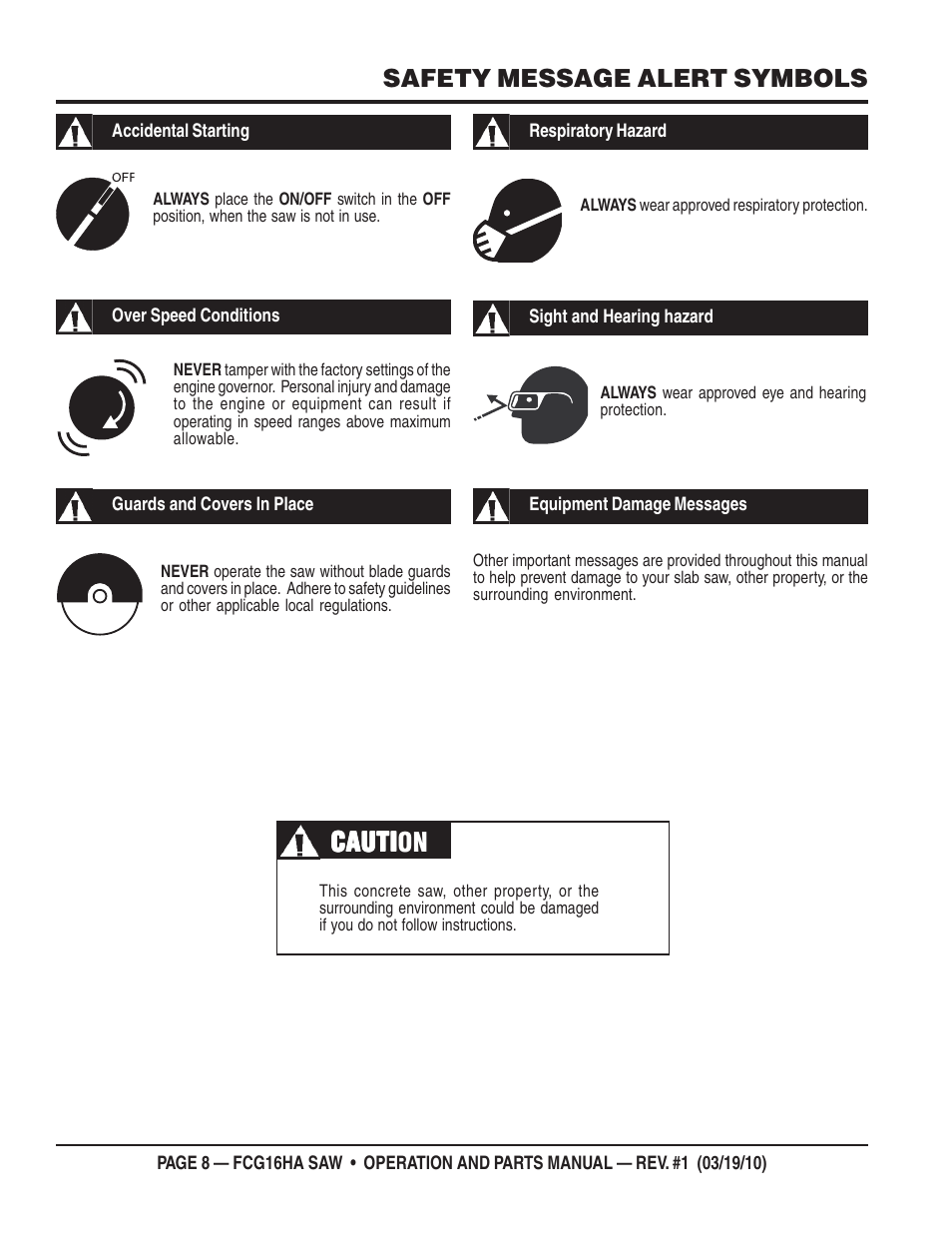 Cauti, Cauti caution, Safety message alert symbols | Multiquip FCG16HA User Manual | Page 8 / 84