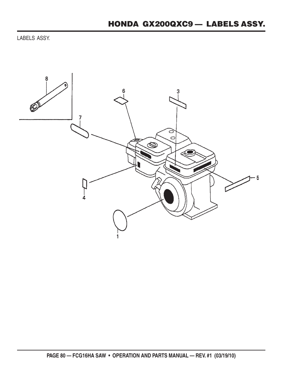 Honda gx200qxc9 — labels assy | Multiquip FCG16HA User Manual | Page 80 / 84