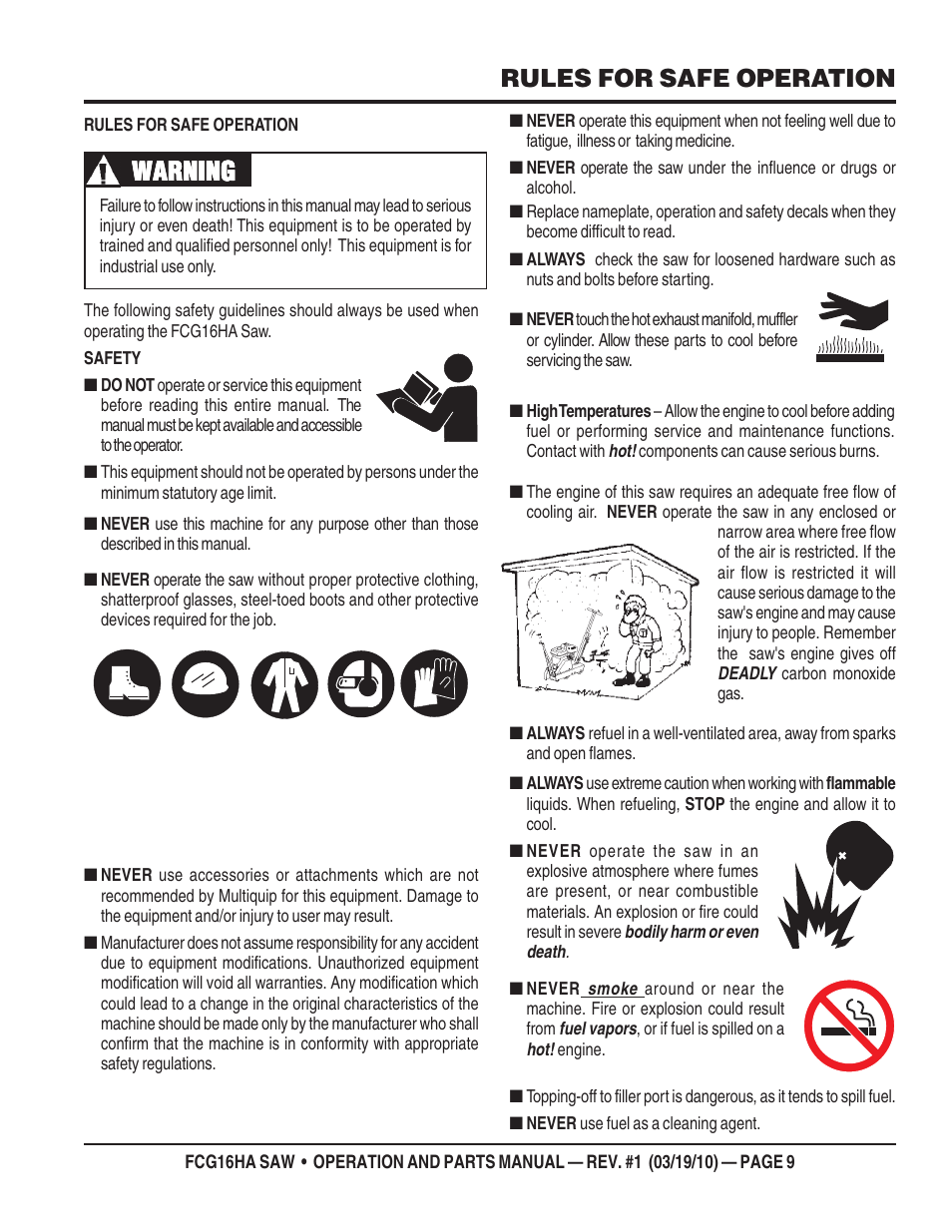 Warning, Rules for safe operation | Multiquip FCG16HA User Manual | Page 9 / 84