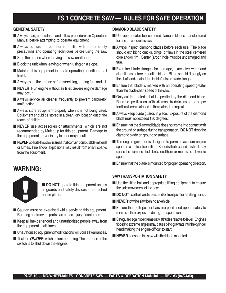Warning, Fs 1 concrete saw — rules for safe operation | Multiquip FS1 User Manual | Page 10 / 56