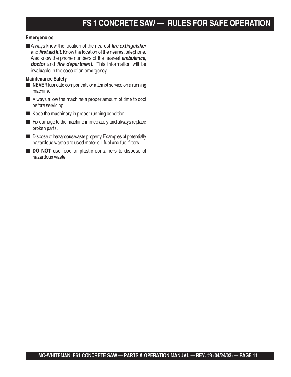 Fs 1 concrete saw — rules for safe operation | Multiquip FS1 User Manual | Page 11 / 56