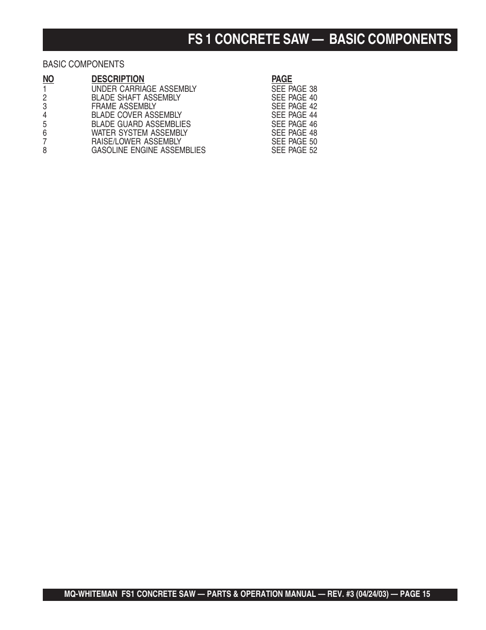 Fs 1 concrete saw — basic components | Multiquip FS1 User Manual | Page 15 / 56