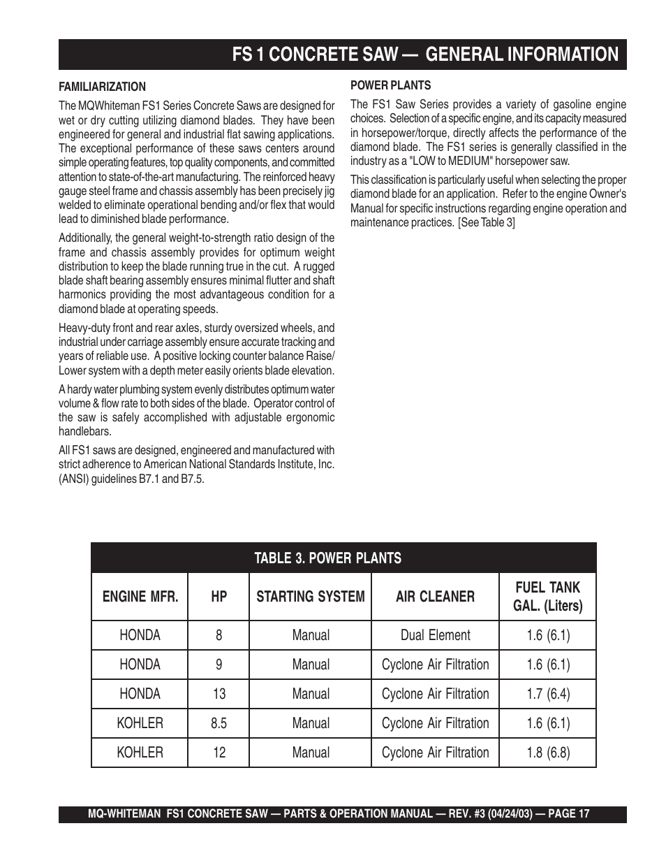 Fs 1 concrete saw — general information | Multiquip FS1 User Manual | Page 17 / 56