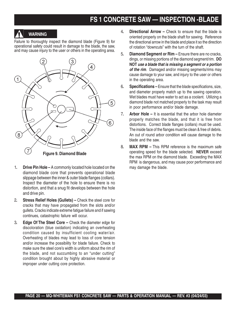 Fs 1 concrete saw — inspection -blade | Multiquip FS1 User Manual | Page 20 / 56