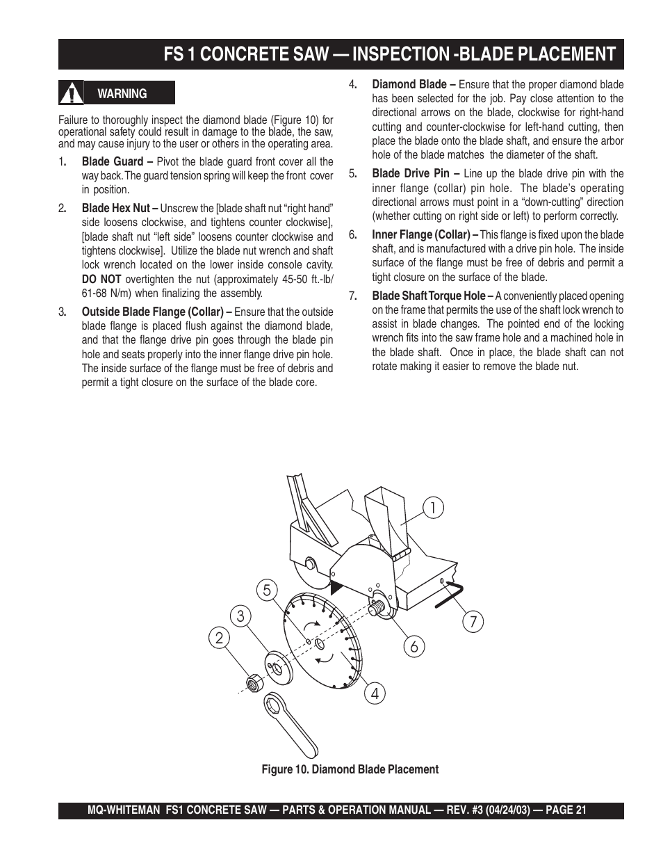 Fs 1 concrete saw — inspection -blade placement | Multiquip FS1 User Manual | Page 21 / 56