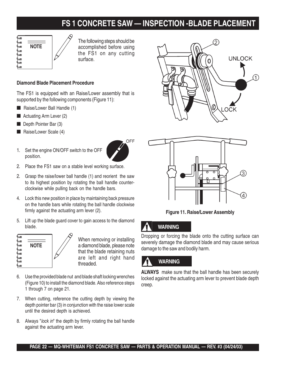 Fs 1 concrete saw — inspection -blade placement | Multiquip FS1 User Manual | Page 22 / 56