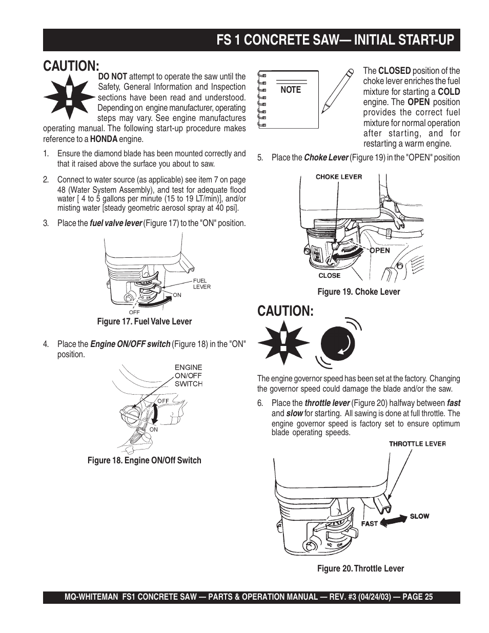 Caution: d, Fs 1 concrete saw— initial start-up, Caution | Multiquip FS1 User Manual | Page 25 / 56