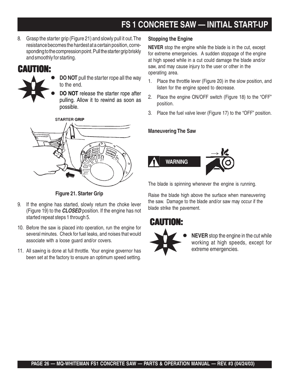 Fs 1 concrete saw — initial start-up, Caution | Multiquip FS1 User Manual | Page 26 / 56
