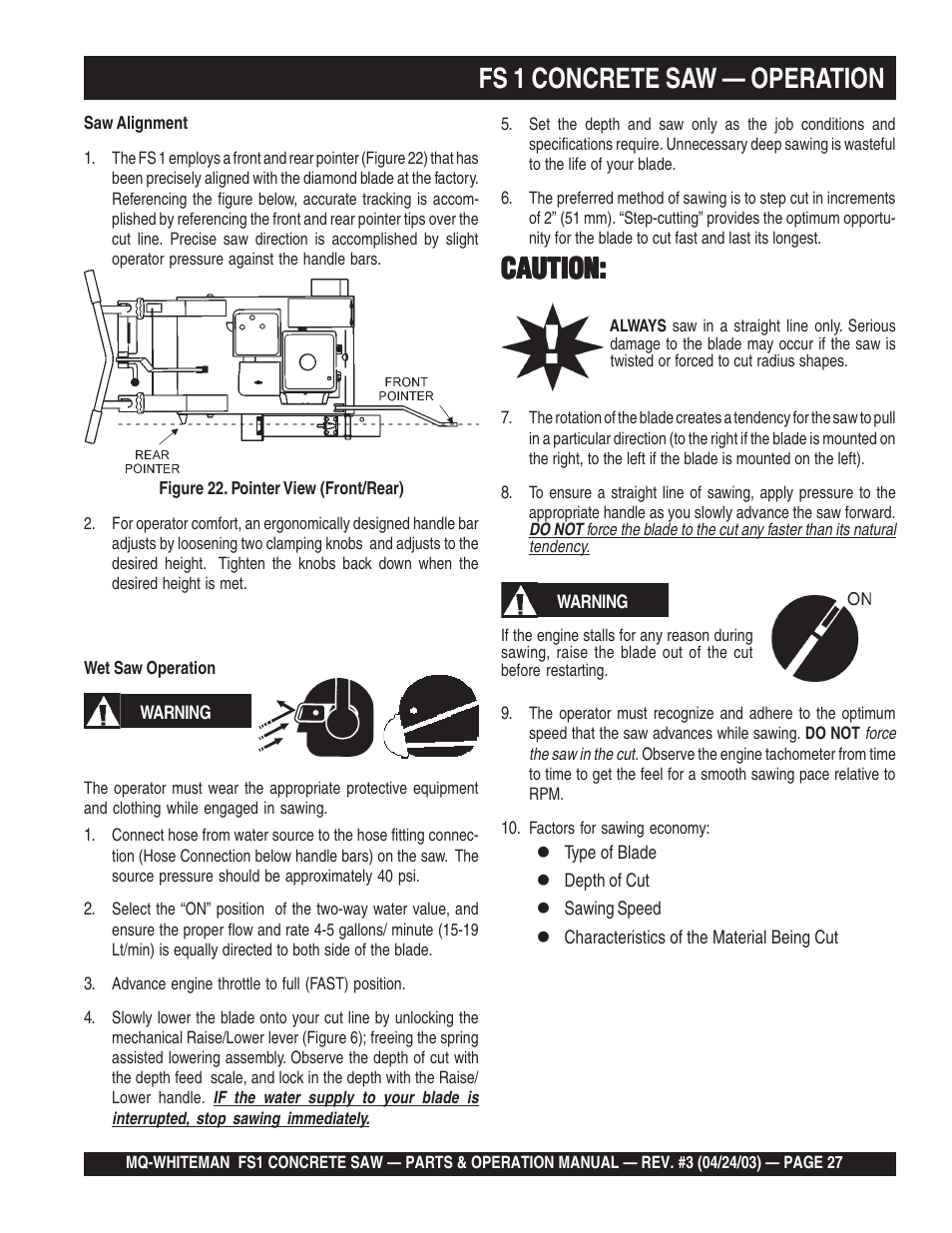 Fs 1 concrete saw — operation, Caution | Multiquip FS1 User Manual | Page 27 / 56