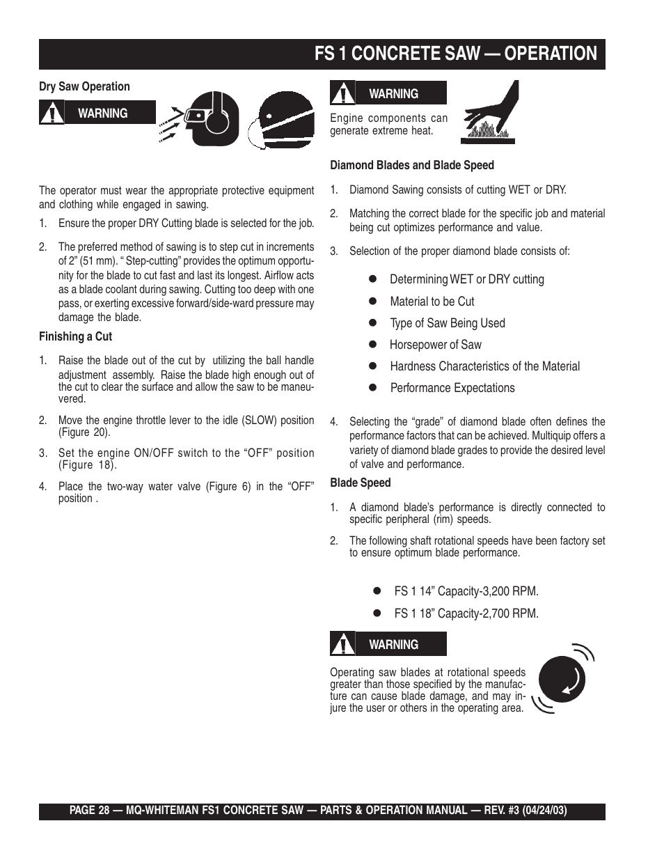 Fs 1 concrete saw — operation | Multiquip FS1 User Manual | Page 28 / 56
