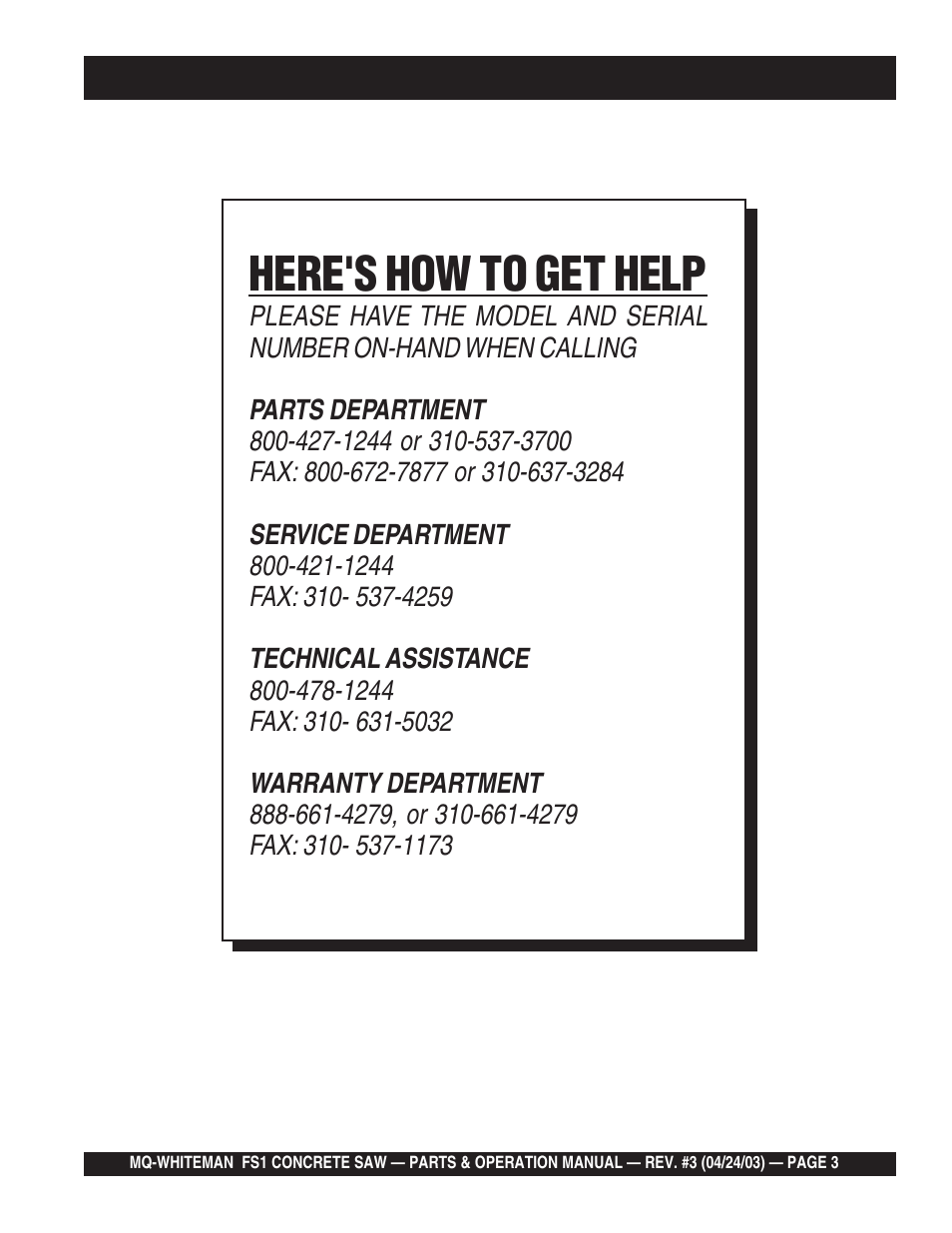 Here's how to get help | Multiquip FS1 User Manual | Page 3 / 56