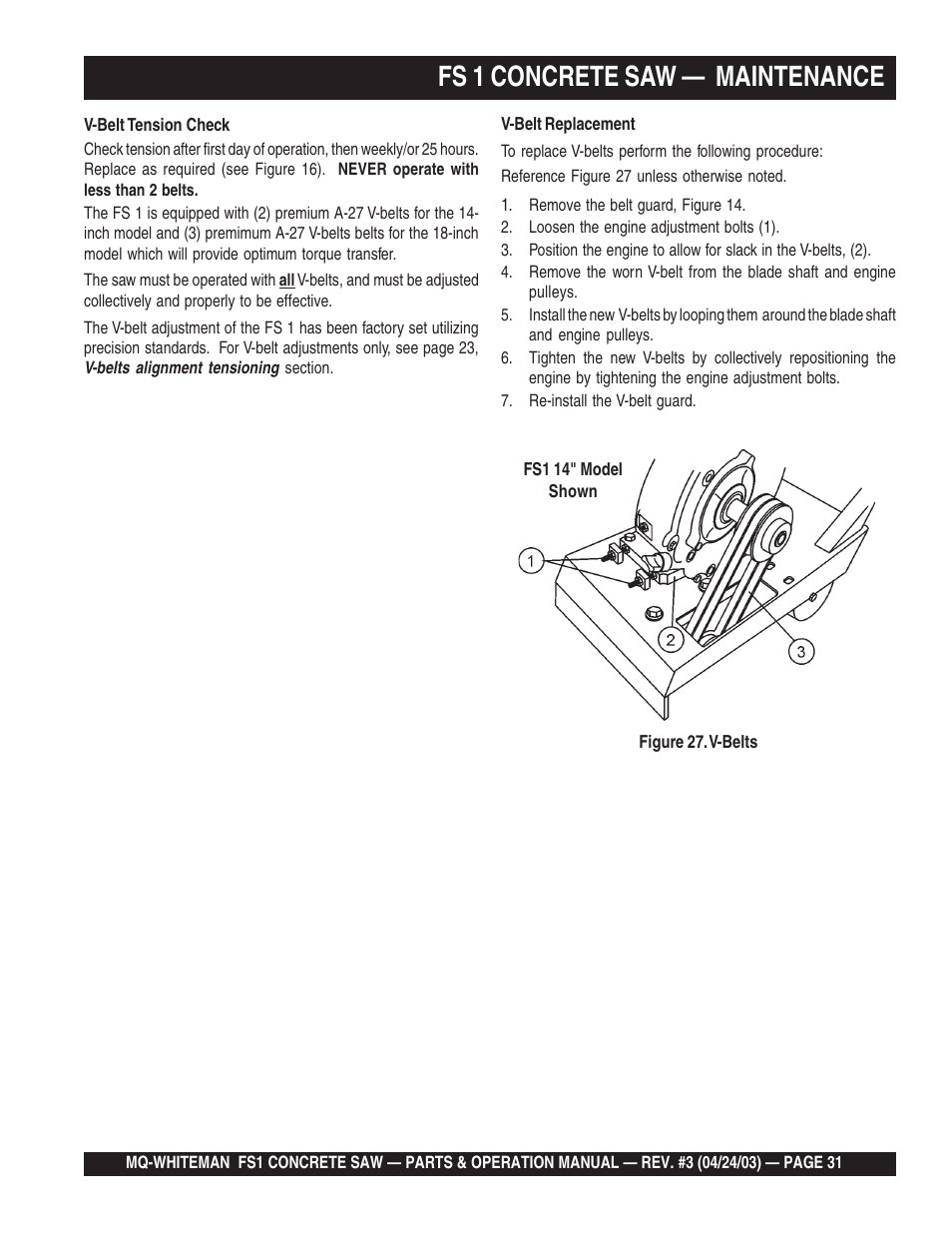 Fs 1 concrete saw — maintenance | Multiquip FS1 User Manual | Page 31 / 56