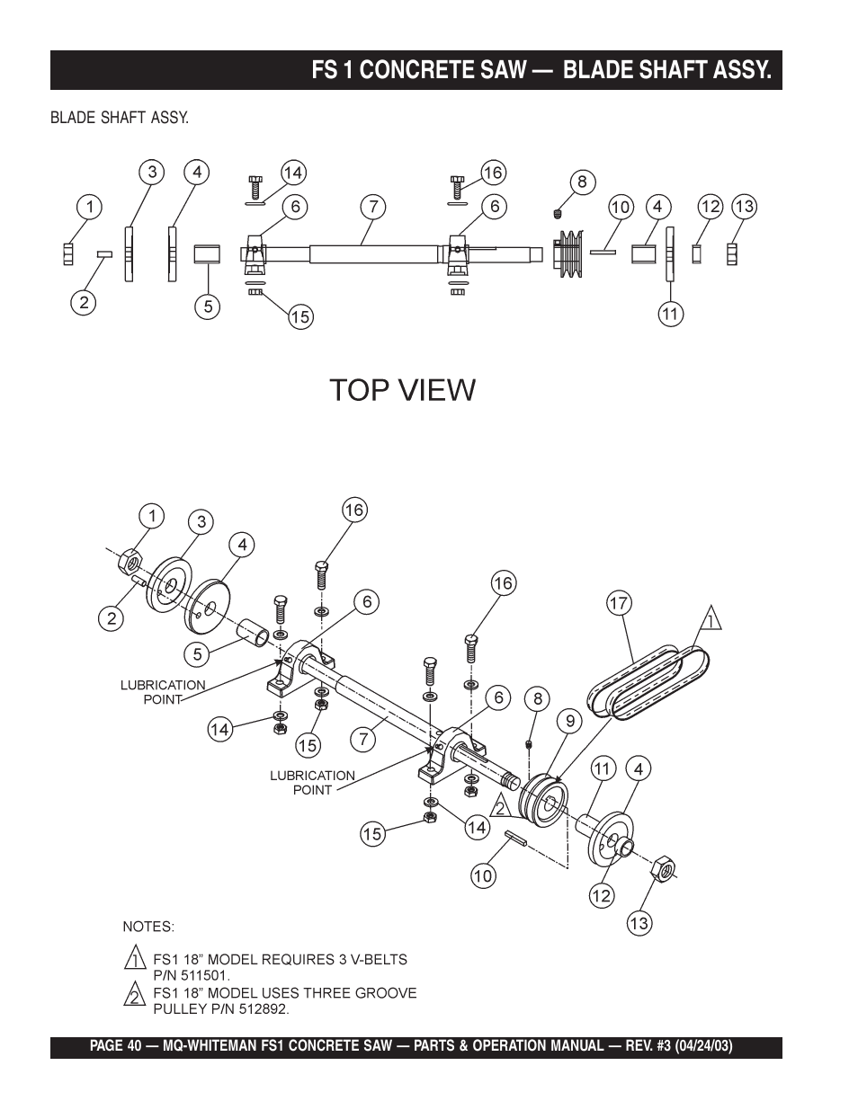 Fs 1 concrete saw — blade shaft assy | Multiquip FS1 User Manual | Page 40 / 56