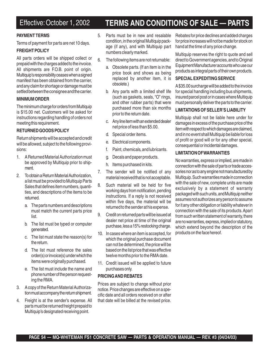 Terms and conditions of sale — parts | Multiquip FS1 User Manual | Page 54 / 56