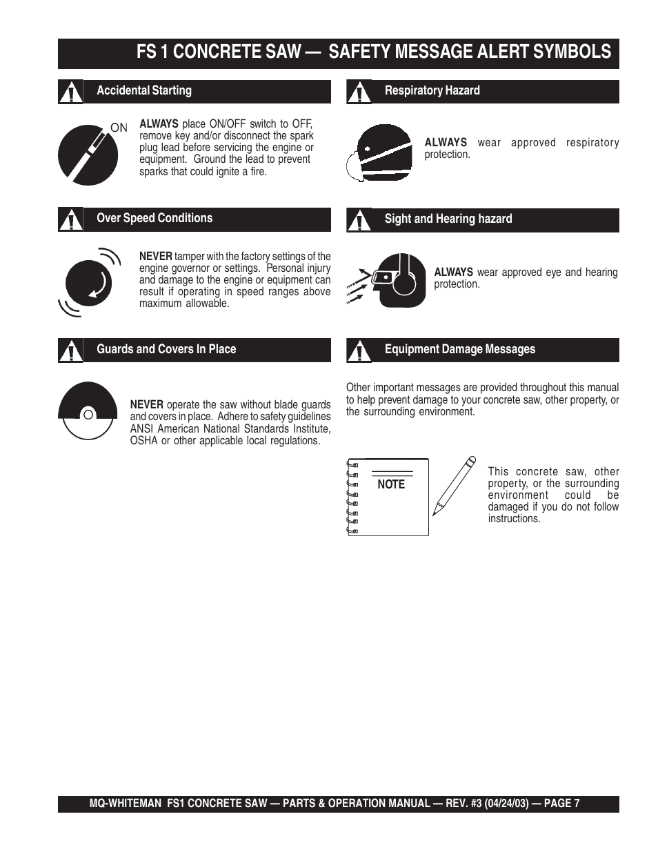 Fs 1 concrete saw — safety message alert symbols | Multiquip FS1 User Manual | Page 7 / 56
