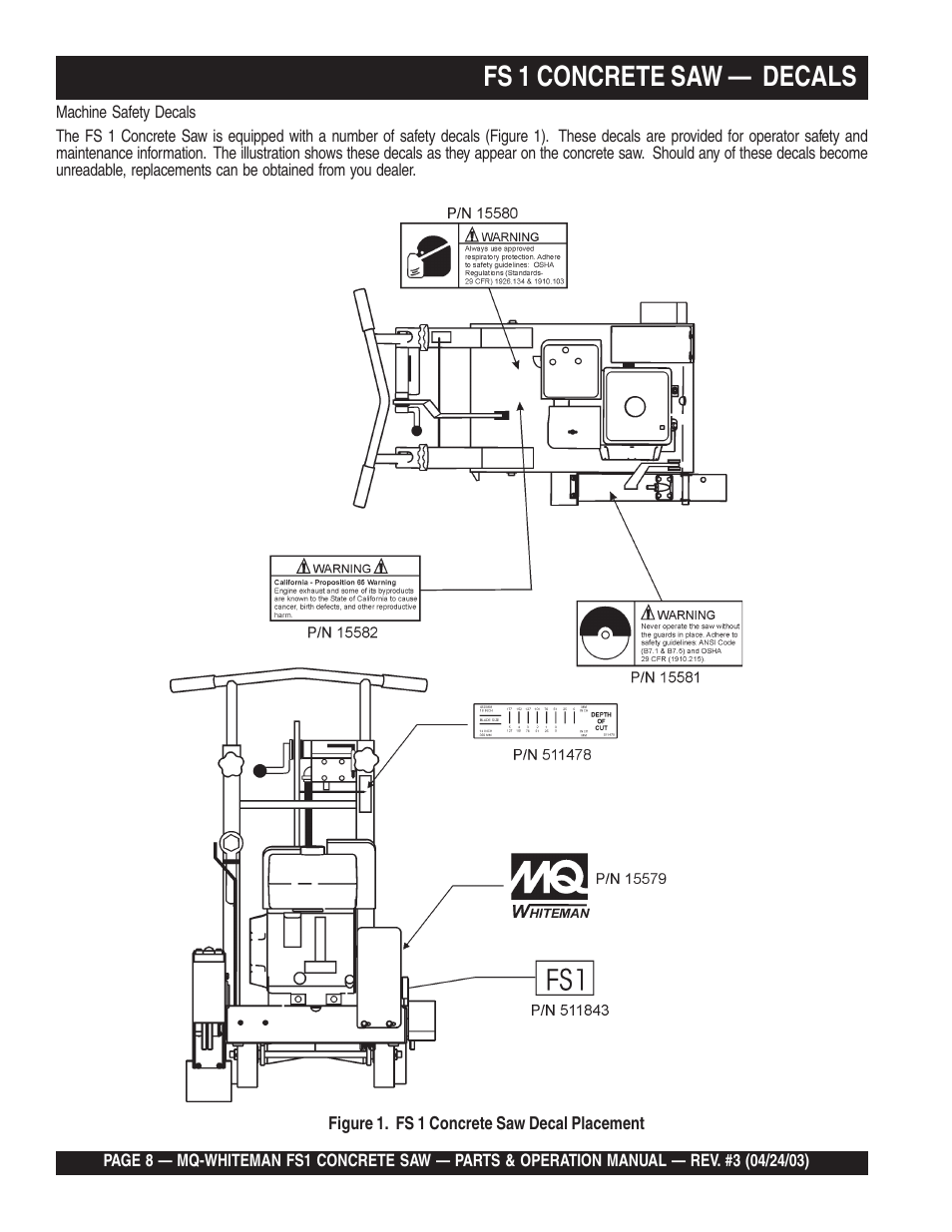 Fs 1 concrete saw — decals | Multiquip FS1 User Manual | Page 8 / 56